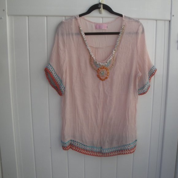 BOMY Collection Tops - BOMY Collection Top large Bohehmian Hippie Couture Peach Embellishment